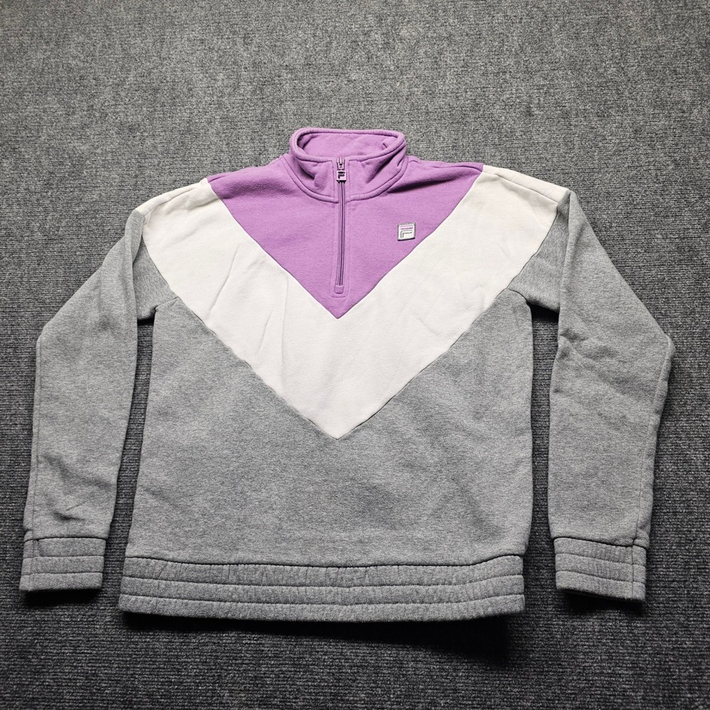 Fila Womens Quarter Zip Sweatshirt Grey Purple Colorblock Fleece Pullover Medium